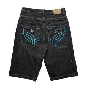 VTG Y2K 00's Coogi Embroidered Baggy Wide Leg Hip-Hop Denim Jean Shorts Black 34